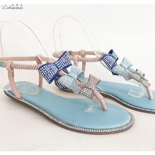 Woman Sandals Women Shoes Rhinestones Chains Gladiator Flat Sandals Crystal Chaussure Flower bow tie fashion lady BLUE