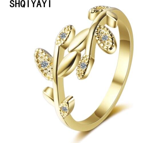 SHQIYAYI Leaf Ring For Women Cubic Zirconia Cocktail Party Casual Fashion Jewelry Resizable Finger Rings 326