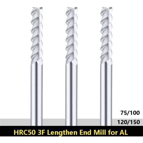 1-20mm Lengthen End Mill for Aluminum HRC50 3 Flute Carbide CNC Milling Cutter Tungsten Steel 75 100 120 150 Long Endmills