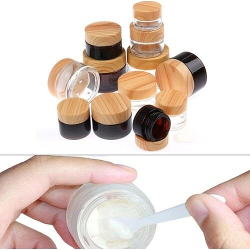 1Pc Skin Care Glass Jar Pot Refillable Bottle Cosmetic Container With Wood Grain