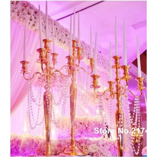 84 cm Tall 5-arms Metal Gold Crystal Candle Holder Wedding Candelabra Table Centerpiece Event Road Lead Candle Stand