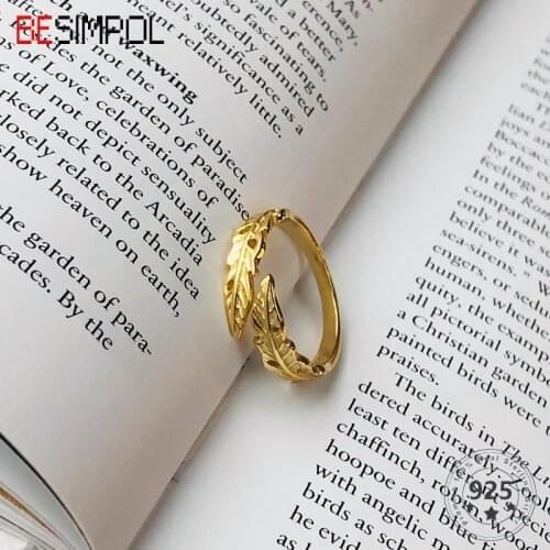 Besimpol 100% Real 925 Sterling Silver Gold Leave Ring Minimalist Adjustable Open Rings For Women Female Vintage Fine Jewelry