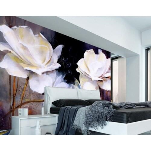 Living room TV backdrop bedroom 3d photo wallpaper painting TV backdrop of white roses 3d wallpaper flower