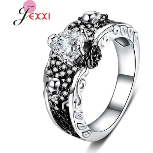 Retro Gothic Punk Women Men Rings Trendy Skull 925 Sterling Silver Rings Jewelry Halloween Accessories Anillo Bijoux