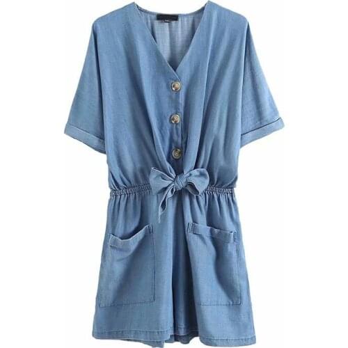 Short sleeve short denim playsuits women casual bow tie female summer jeans rompers loose v neck overalls