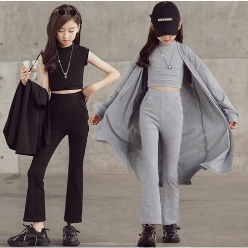 2021 Teenage Girls Suits Cotton Trend Coat + Vest + Long Pants 3 Pieces Sets Autumn Boutique Kids Clothing Set Black Grey