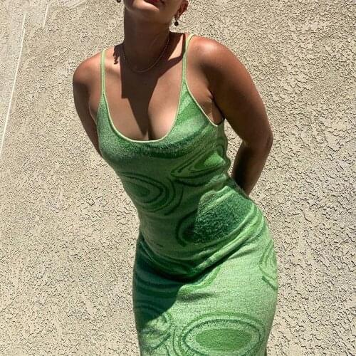 Summer Dress Green Print Knit Dress Sexy Sleeveless Spaghetti Strap Beach Party Midi Dresses For Women 2021 Robes Femme Vestidos