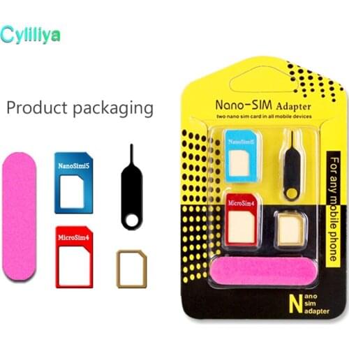 5 In 1 Nano Micro SIM Metal Adapters Standard SIM Card Adapter Eject Pin For Smartphone For Iphone 6S plus 7 8 All Mobile Phone