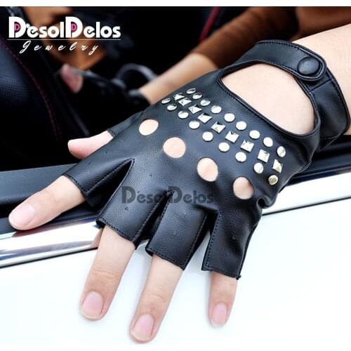 Fashion Half Finger Driving Women Gloves PU Leather Fingerless Gloves Half Finger Gloves For Women Black white R003