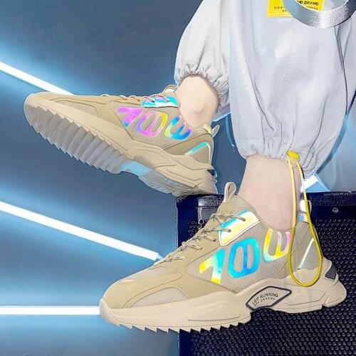 Fluorescent Reflective Technology Mens Shoes Luminous Mesh Sports Dorky Dad Shoes Light Running Comfort Soft Sneakers Casual
