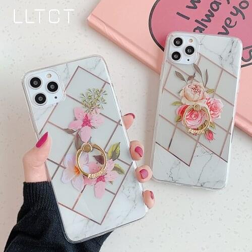 LLTCT Marble Flowers Soft Cover For iPhone XsMax X Xr 11 Pro Max 7 8 Plus Back Cover Ring TPU Shell For iPhone 11 Floral Coque