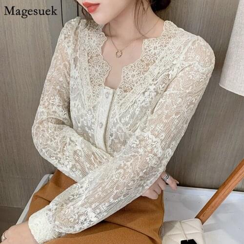 New Fashion Floral Thin Mesh Top Mujer V Neck Solid Embroidery Long Sleeve Shirt Women Casual Vintage Elegant Women Blouse 12286