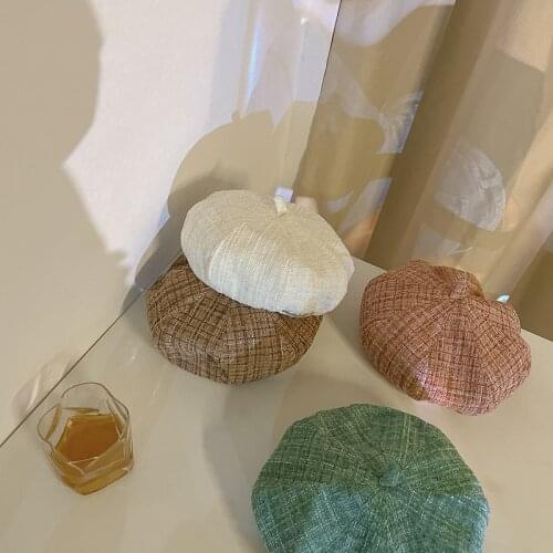 New Children Caps Autumn Winter 2021 Fashion Joker Gold Silk Pumpkin Hat Art Retro Plaid Beret Hats For Girls Party Cap 3-6 Year