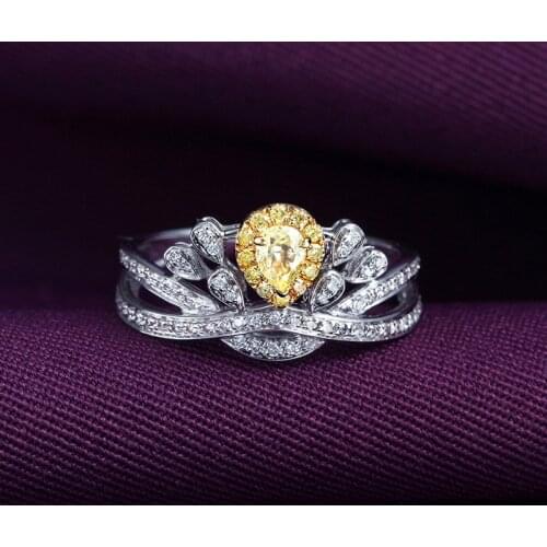 Solid 18K White Gold 1ctw Centre 0.3ct Pear Yellow Moissanite Ring Side Stones Yellow Tourmaline Fine Gold Jewelry For Women
