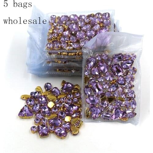 Wholesale 5 bags mixed shape sew on glass Crystal purple gold base rhinestones diy dress/Clothing accessories