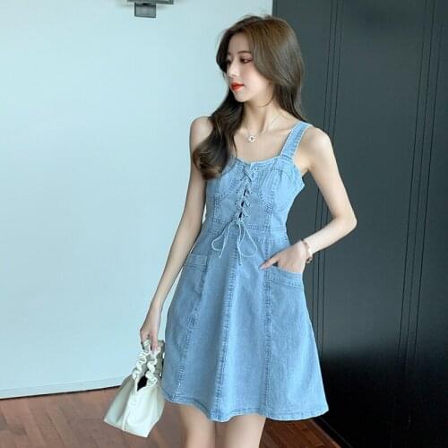 2021 New French Suspender Denim Dress Women Sweet A Line Waist Slimming Trapless Sexy Strap Mini Dress Ladies Small Size
