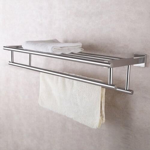 Brushed Finish Stainless Steel Bath Towel Rack Bathroom Shelf with Double Towel Bar 600mm Storage Organizer