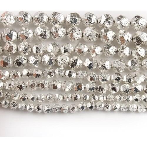 Natural Stone Silver Plated Volcanic Lava Faceted Round Beads for DIY Jewelry Making Bracelet Necklace 6-12mm Minerals Beads