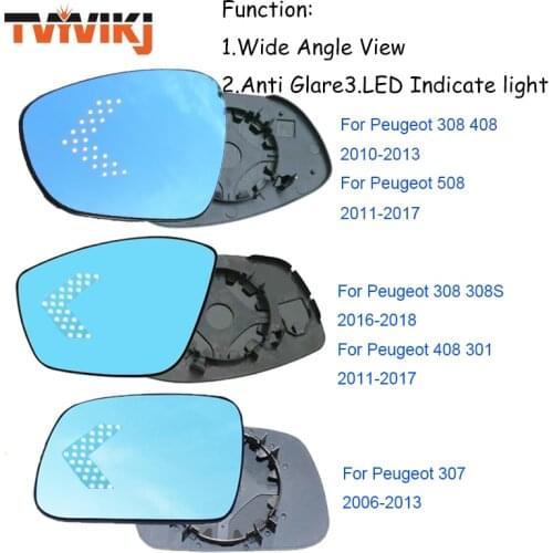 TVYVIKJ Side Rearview Mirror Blue Glass Lens with LED Indicate ligh For Peugeot 301 308 408 508 2010-2019 Wide Angle View anti