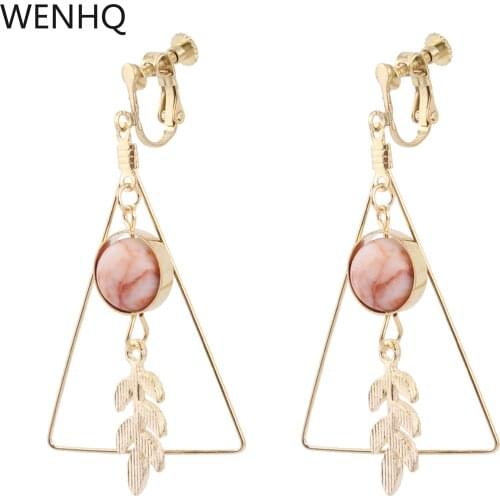 WENHQ Korea Style Screw Clip on Earrings No Pierced for Women Fashion Gold Color Triangle Stone Leaf Cuff Earrings Ear Clip New