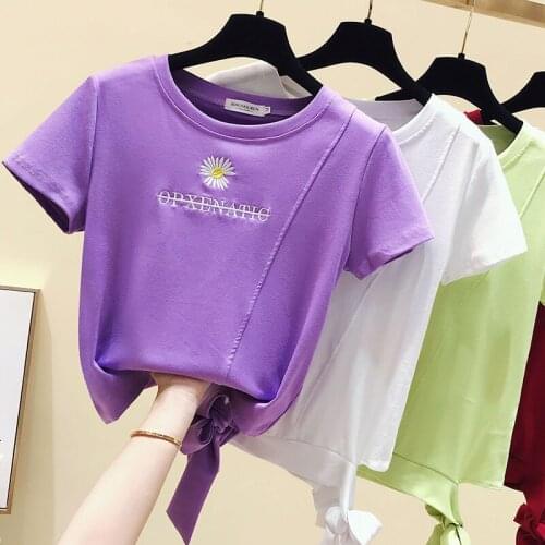 Gkfnmt Floral Embroidery T Shirt Women Lace Up Bandage Summer Tops 2020 Short Sleeve Tshirt Female Korean Fashion Cotton T-Shirt