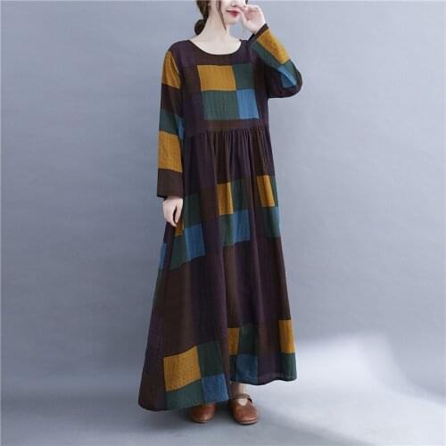 2021 New Arrival Long Sleeve Fashion Autumn Dress Print Plaid Cotton Linen Vintage Office Lady Work Dress Women Spring Dress