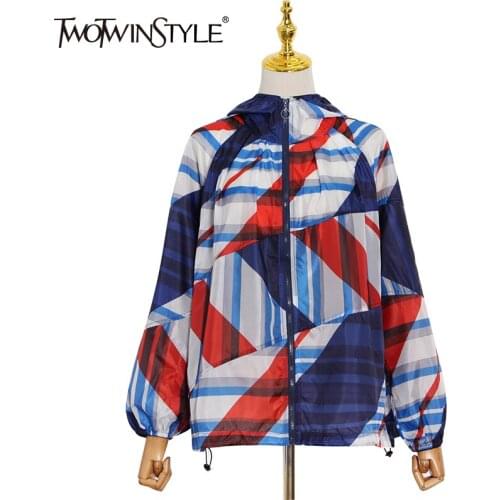 TWOTWINSTYLE Stripes Colorblock Womens Coat Hooded Collar Long Sleeve Straight Loose Summer Coats Female Clothing 2021 Fashion