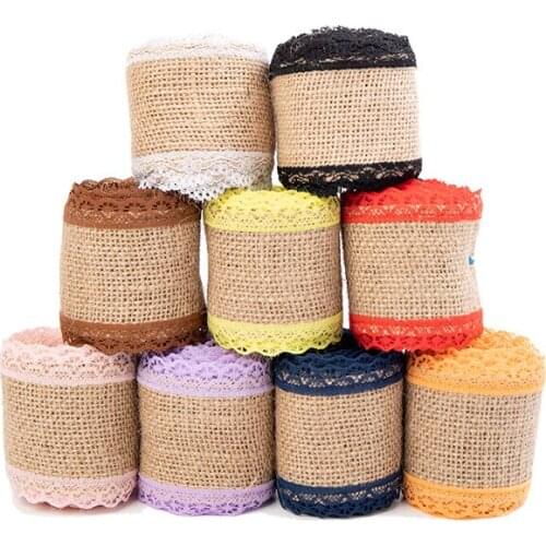 5cm Natural Jute Bural Hessian Ribbon with Colorful Lace Rustic Wedding Christmas Halloween Birthday Party Decoration Hemp Tape