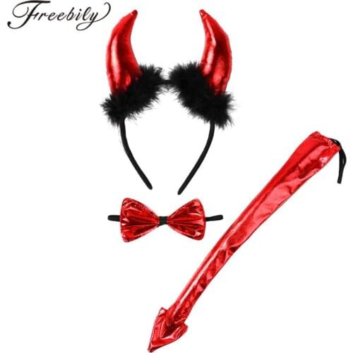 Halloween Devil Cosplay Costume Accessories Fluffy Ears Stretchy Headband Bowtie Bendable Tail Set Devil Horns Headband Kit