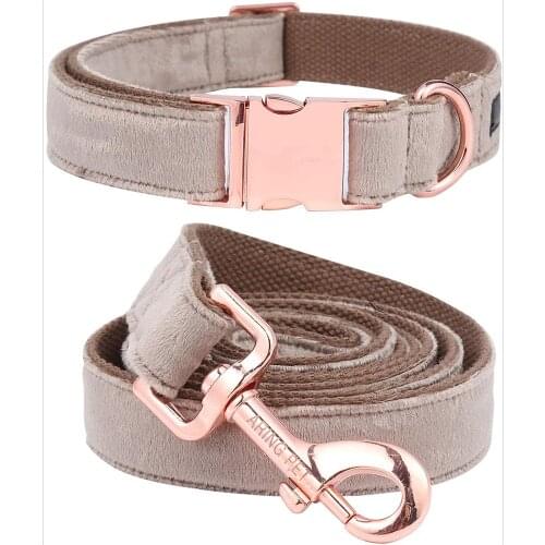 Velvet Dog Collar and Leash Set Soft & Comfy Adjustable Collars for Pet Dog Walking Brown