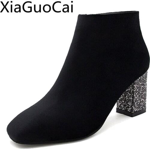 Brand Crystal Europe Style Women Ankle Boots Round Toe Square Heels Female Chelsea Boots High Heels Martin Boots for Autumn