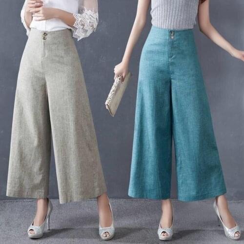Spring Summer Vintage Womens Clothes Woman High Waisted Blue Grey Wide Leg Linen Pants , Ankle Length Trousers for Women