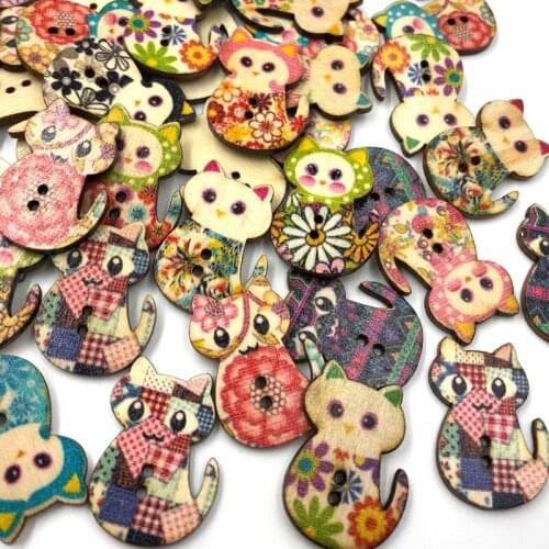 25/50/100pcs DIY Cat Pattern Wooden Buttons Fit Sewing and Scrapbook 2 Hole 30mm WB467