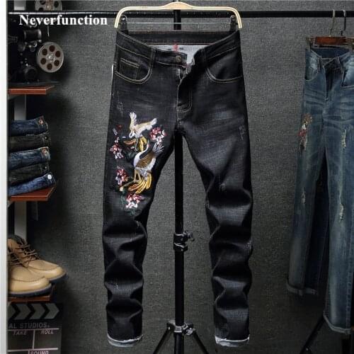 New men streetwear Bird embroidery Stretch Skinny Jogger Jeans fashion brand Man Stretch cotton denim black blue trousers