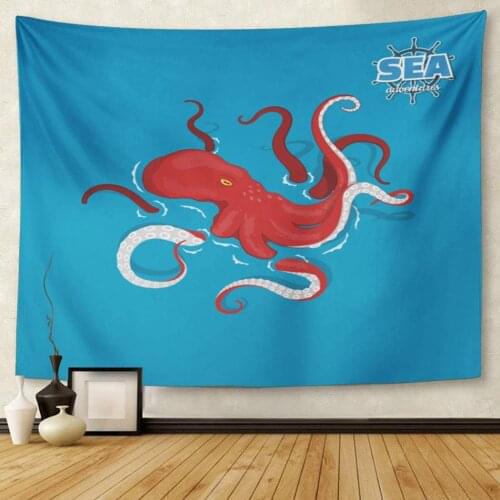 Giant Red Octopus on Blue Sea Monster Kraken Tapestry Wall Hanging for Living Room Bedroom Dorm 50x60 inches