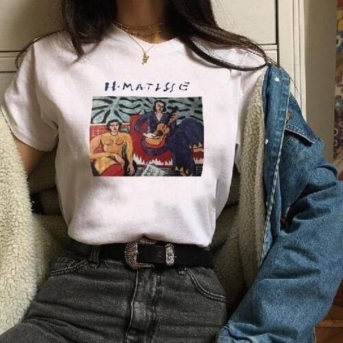 Korean Henri Matisse La Musica Painting T-shirt Retro Casual Ulzzang Style Graphic Tee Fashion Guitar Girl Kawaii Cute T Shirt