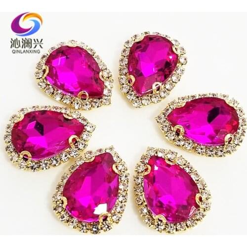 Rose red Golden bottom Top grade Glass Crystal buckle,Drop shape sew on rhinestones,Diy wedding decoration 10pcs/pack SWSK09