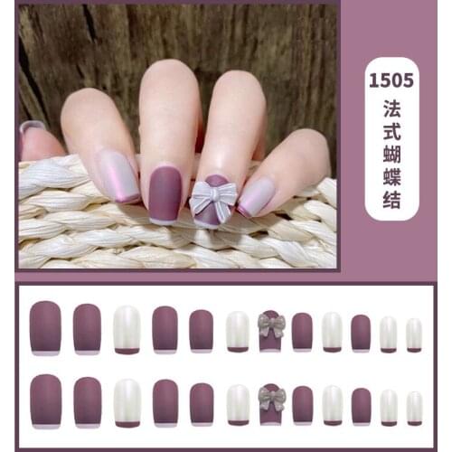 Lamemoria 24pcs Fake Nails French Bowknot Nail Tips Full Cover Sculpted Purple Short Square Headed Fake Nail
