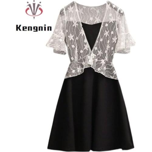 Summer Dresses 2021 Oversized Women Dress Lace Patchwork Chiffon Ladies Vestidos Dresses Fake Two Piece Female Robe Dress KE1057