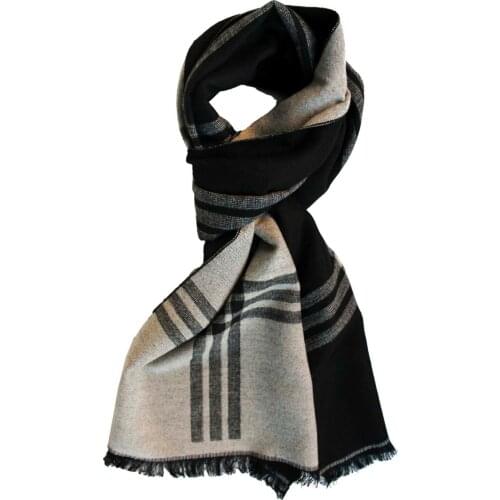 Scarves Men Black Beige Scarf With Reversible Lines Striped Bicolor Soft XL