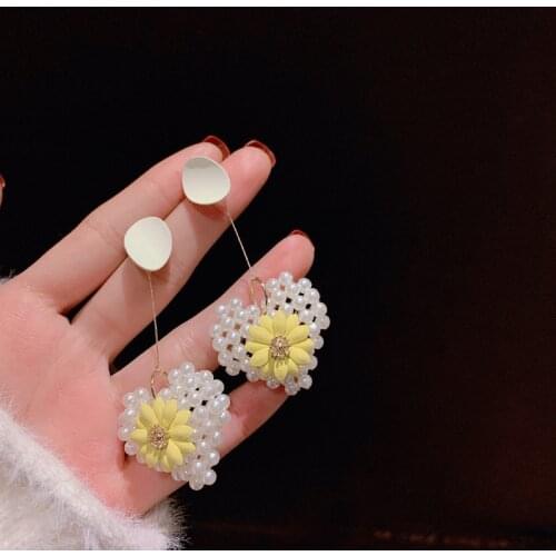 ZDMXJL New Korea Women Earring Long Drop Sweet Lovely Pearl Flower Heart Hanging Earrings Wedding Jewelry Lady Girl Jewelry Gift