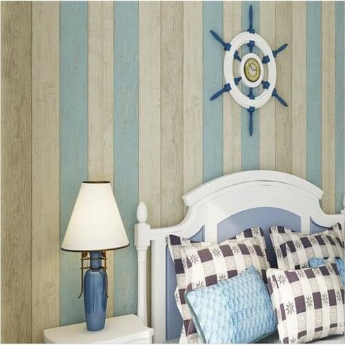 Beibehang Blue Mediterranean striped wallpaper retro nostalgic wood grain nonwovens living room coffee shop wallpaper