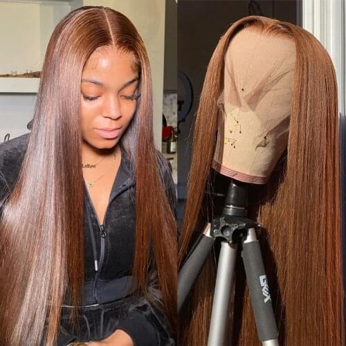 Brown Lace Front Human Hair Wigs Straight Brazilian Remy Closure Wig Pre Plucked Lace Front Wig T Part Lace Wig With Baby Hair