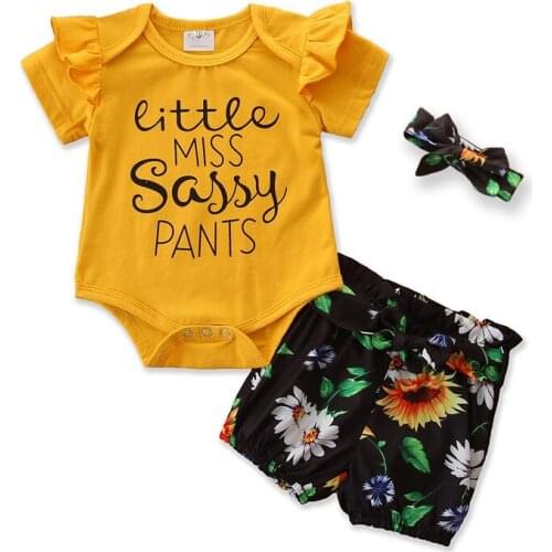 PIZZSEOON Baby Girl Clothes Set Summer Baby Girls Letter Print Short Sleeve Tops + Floral Shorts Headband 0-36M Baby Clothing
