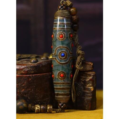 Tibet Buddhism Old Natural agate gZi Beads mosaic Gem Filigree Multi-eyed green Dzi Bead Pendant Exorcism Ward off evil spirits