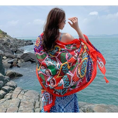 2021 Long Shawl Scarf For Women Red Color Enthic Style Printed Head Wraps Tassel Large Hijab Scarves