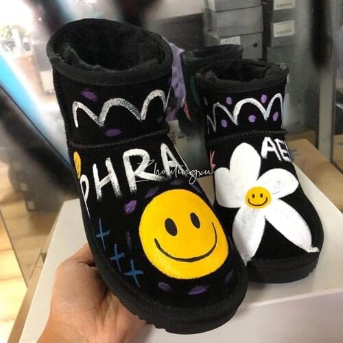 Snow boots female fur one fashion graffiti short tube cotton shoes student leather thick warm bread shoes