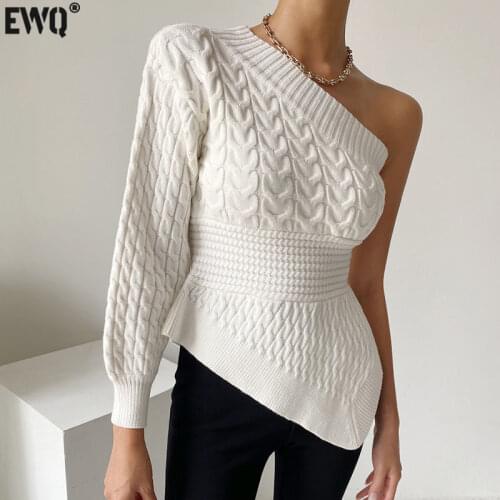 [EWQ] Fashion Korea Chic White Womens Autumn 2021 New Off Shoulder Knitted Sweater Diagonal Collar Half Sleeves Female 16E3198