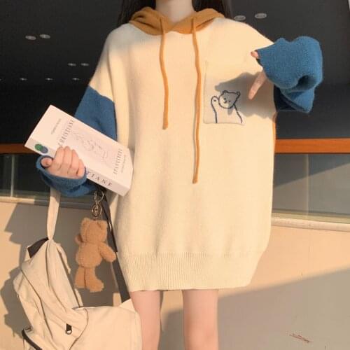 Knitted Pullover Autumn Winter Sweater Women Two-color Color Matching Stitching Mid-length Loose Sweater Hooded Jacket 2021 New