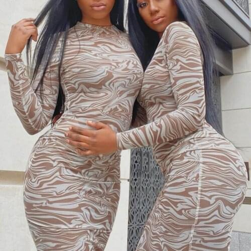 Womens Dress 2021 Autumn New Fashion Vintage Sexy Party Dress Long Sleeve Mesh Printing Mid-length Round Neck Calf Dress